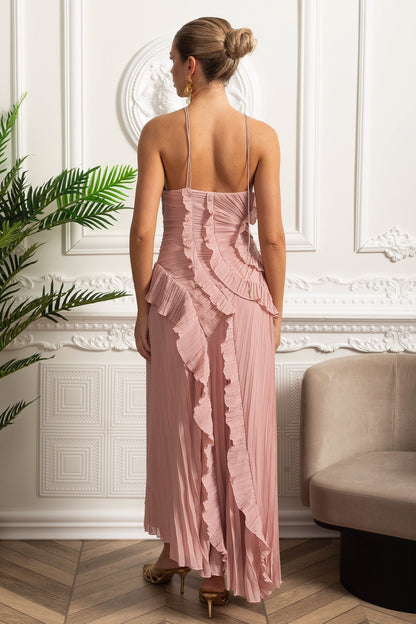 Midi Jurk Roze met Ruches en Geplooide Halslijn