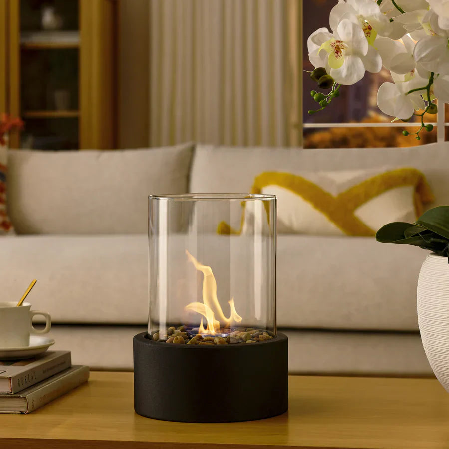 Moderne Bio Ethanol Tafelhaard Met Glazen Cilinder En Rookvrije Vlam Voor Binnen En Buiten Sfeerverwarming