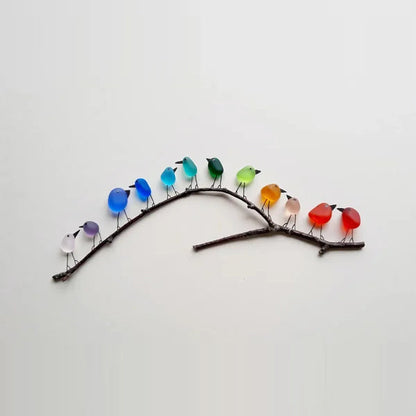Zeeglas Vogels Wanddecoratie op Drijfhout 8-12 Vogels Handgemaakt Regenboog Kunstwerk Natuurlijk Hout