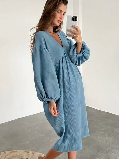 Dames Midi Jurk V-Hals Losse Zomerjurk voor Vrouw