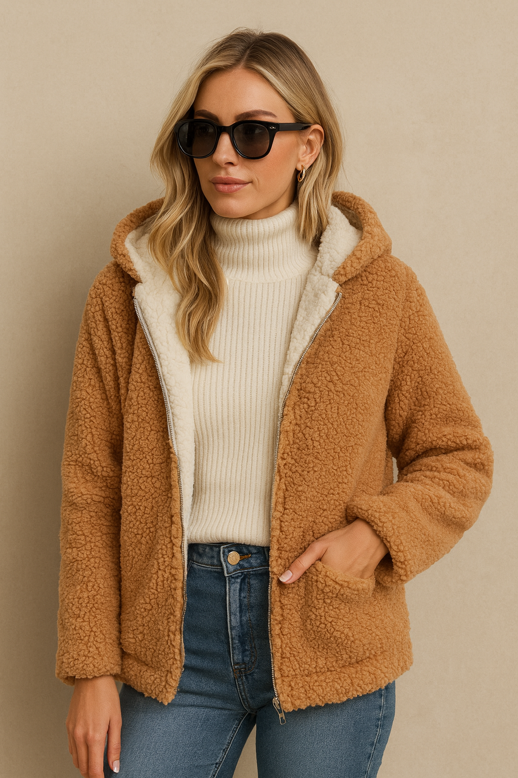 Dames Teddyjas Warm Beige Plushjas met Capuchon
