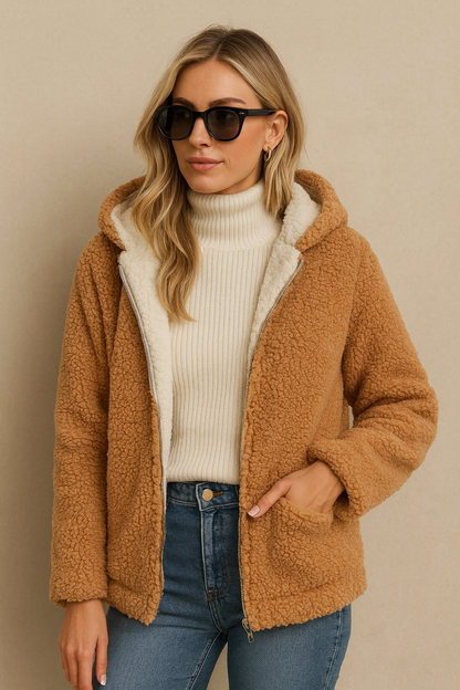 Dames Teddyjas Warm Beige Plushjas met Capuchon