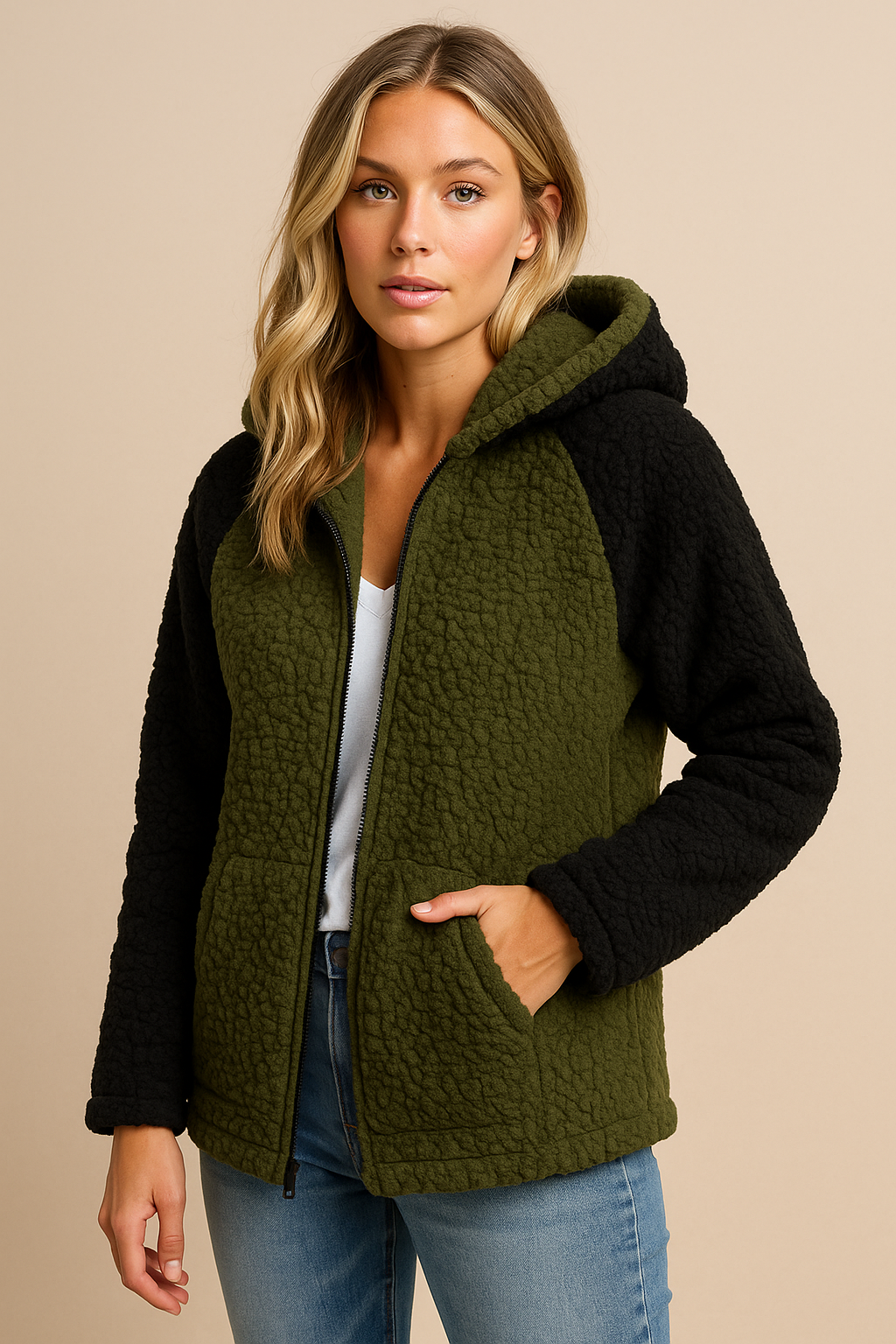 Dames Fleece Vest Zacht met Kap en Contrasterende Mouwen