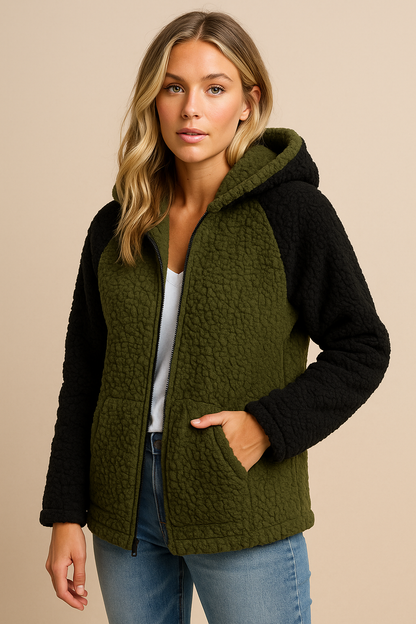 Dames Fleece Vest Zacht met Kap en Contrasterende Mouwen