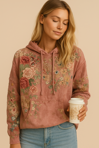 Vrouwelijke Hoodie Bloemenprint Vintage Look