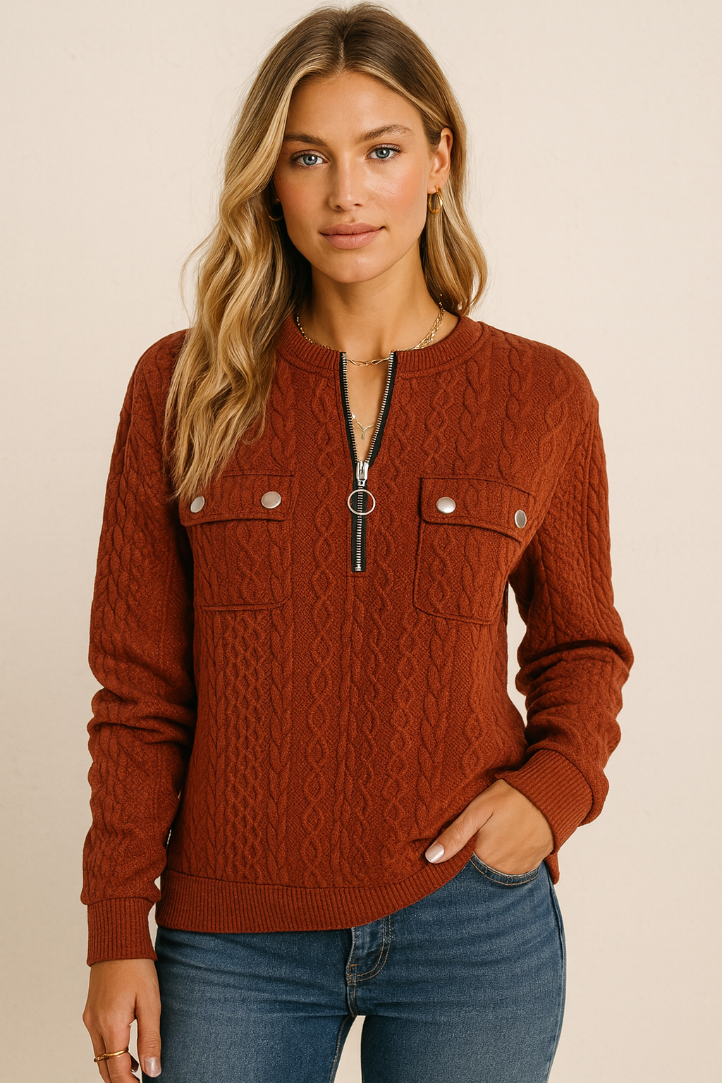 Dames Sweater Met Rits en Zakken Bruin