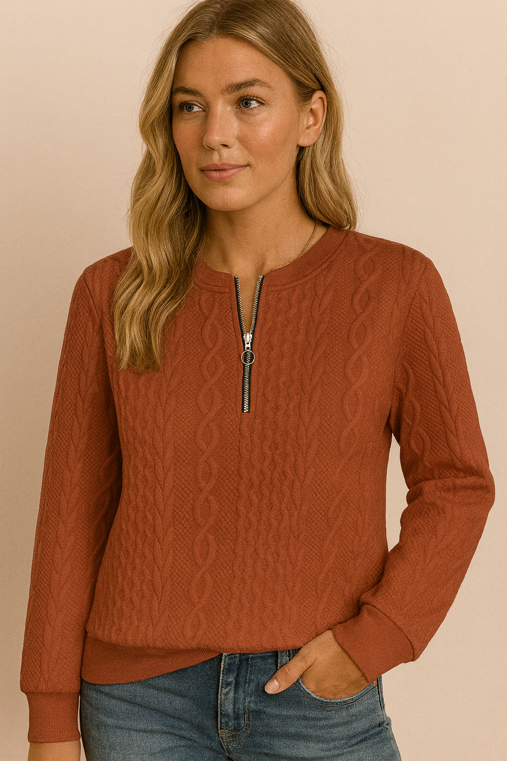 Dames Sweater Top met Rits en Kabel Brei Patroon