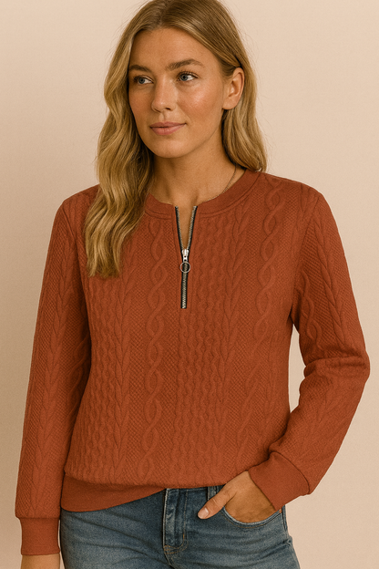 Dames Sweater Top met Rits en Kabel Brei Patroon