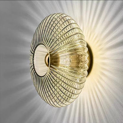 Wandlamp Geribbeld Glas Cognac Goud Messing Woonkamer Slaapkamer Hal Plafondlamp Schelp Retro Art Deco Wandverlichting