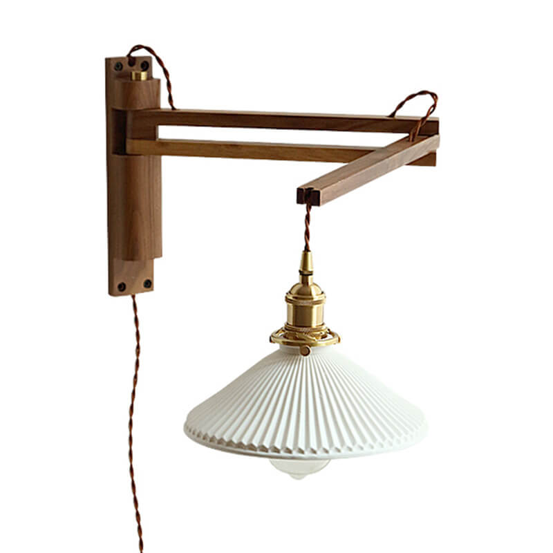 Wandlamp Hout Glas Geplooide Kap E26 Hal Woonkamer Slaapkamer Uitstelbaar Zwenkarm Messing Retro Japandi Sfeerlamp
