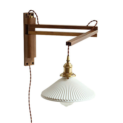 Wandlamp Hout Glas Geplooide Kap E26 Hal Woonkamer Slaapkamer Uitstelbaar Zwenkarm Messing Retro Japandi Sfeerlamp