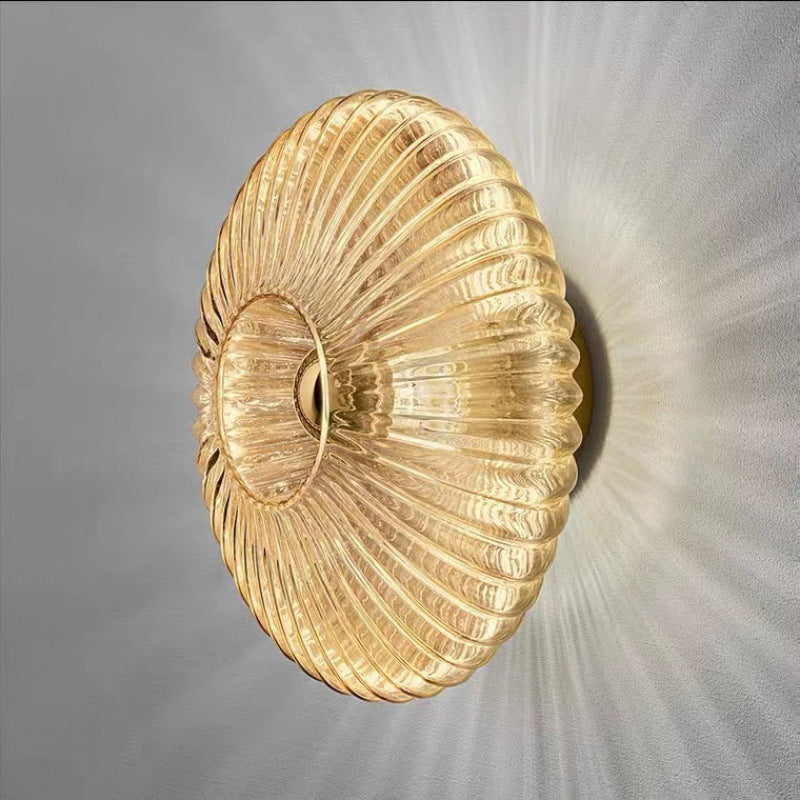 Wandlamp Geribbeld Glas Cognac Goud Messing Woonkamer Slaapkamer Hal Plafondlamp Schelp Retro Art Deco Wandverlichting