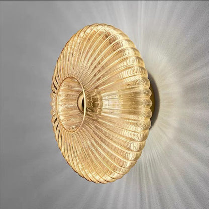 Wandlamp Geribbeld Glas Cognac Goud Messing Woonkamer Slaapkamer Hal Plafondlamp Schelp Retro Art Deco Wandverlichting