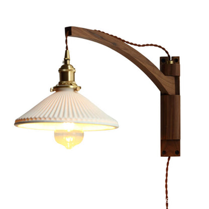 Wandlamp Hout Glas Geplooide Kap E26 Hal Woonkamer Slaapkamer Uitstelbaar Zwenkarm Messing Retro Japandi Sfeerlamp