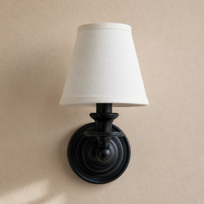 Wandlamp met stoffen kap en zwanenhalsarm – smeedijzeren armatuur met verstelbare leeslamp