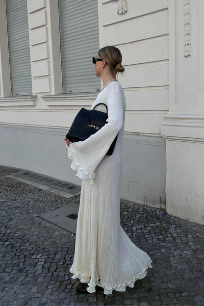 Elegante Jurk met Ruches en Uitlopende Zoom Lange Midi Jurk - StudioMarella