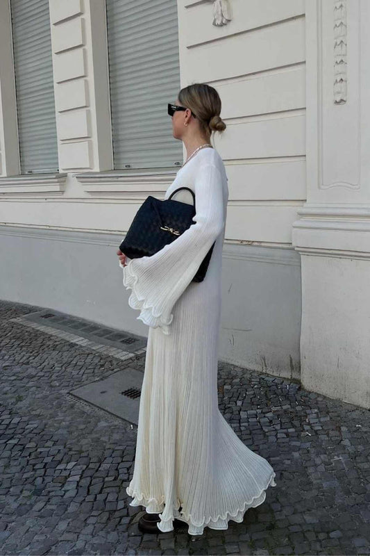 Elegante Jurk met Ruches en Uitlopende Zoom Lange Midi Jurk - StudioMarella