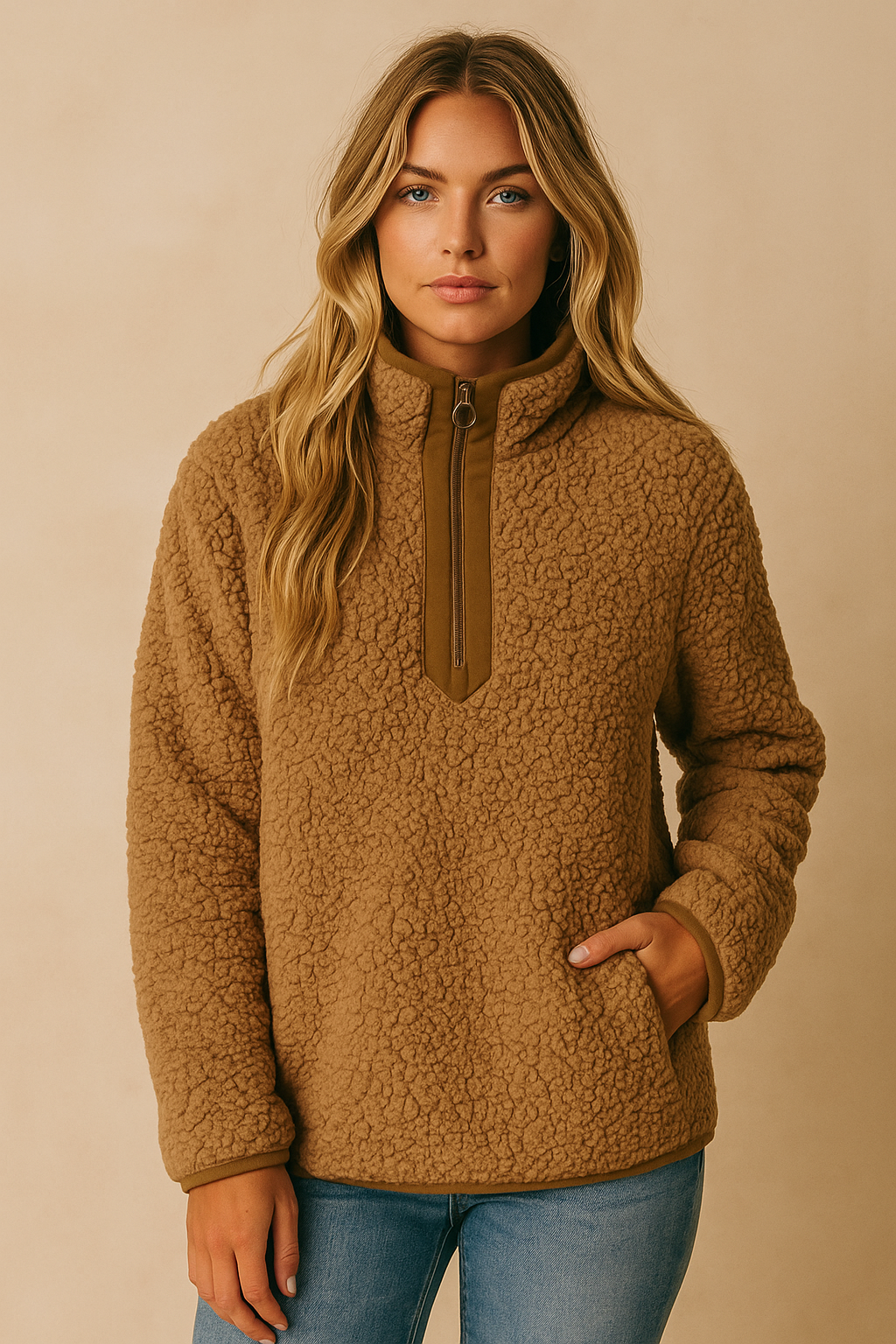 Dames Fleece Trui Zwart met Rits en Hoge Kraag Teddy Look