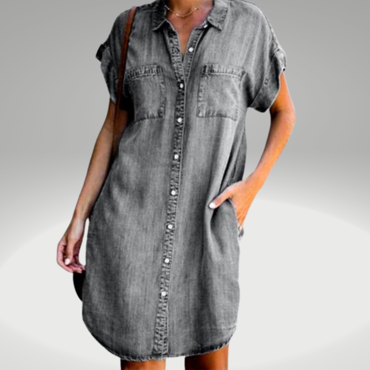 Blauwe Jurk Denim Halflang Elegante Stijl