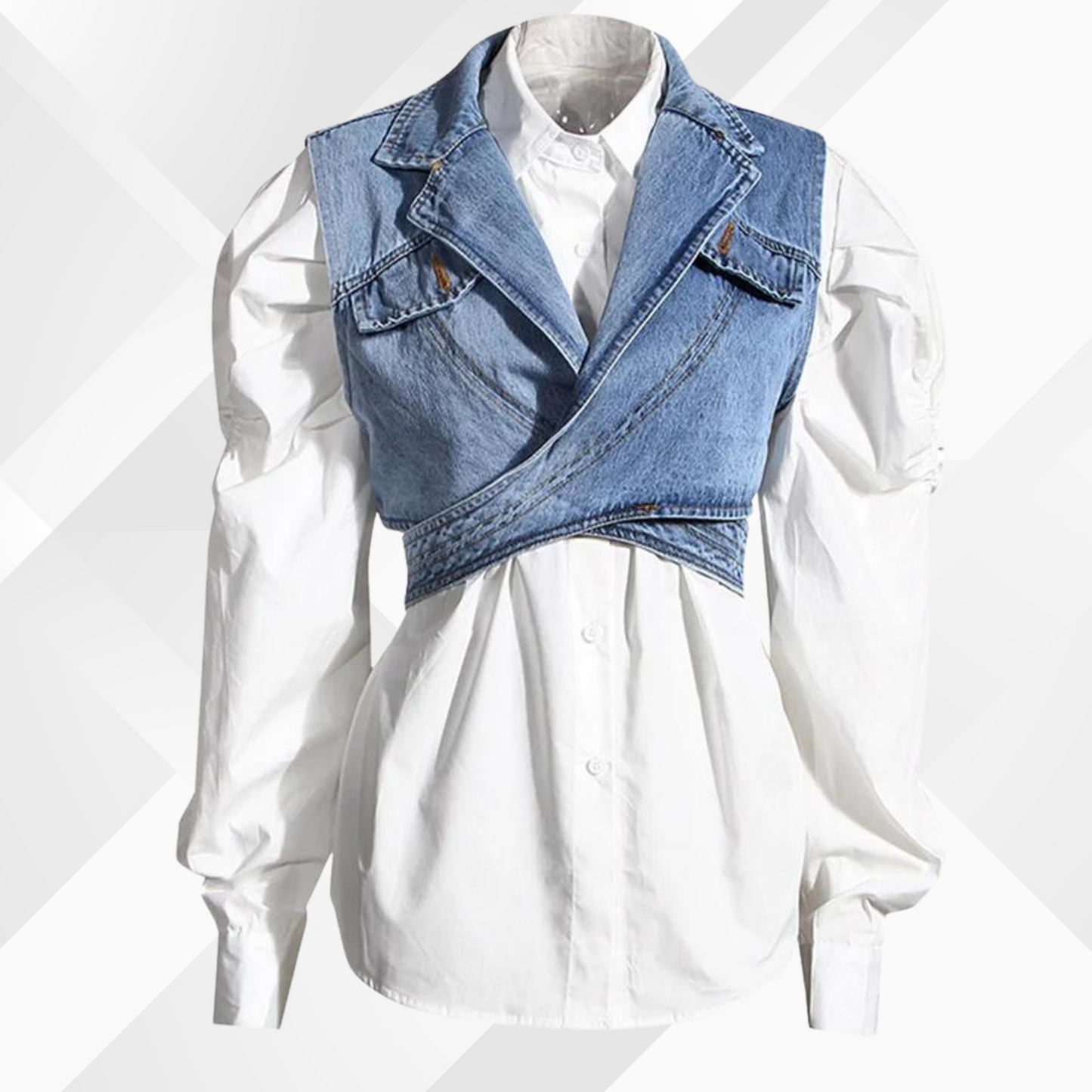 Dames Blouse met Pofmouwen en Blauwe Denim Vest