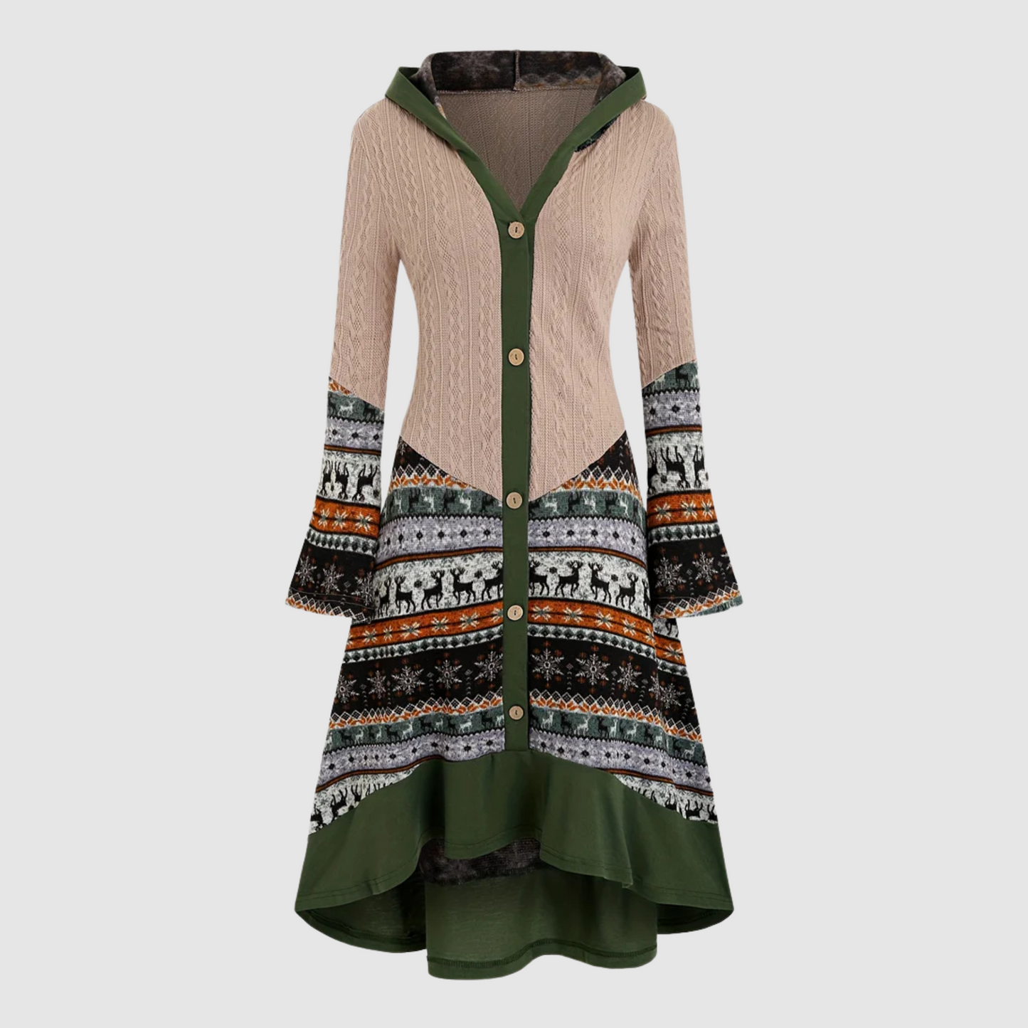 Dames Gebreide Jurk met Capuchon Elandenprint Warm - StudioMarella