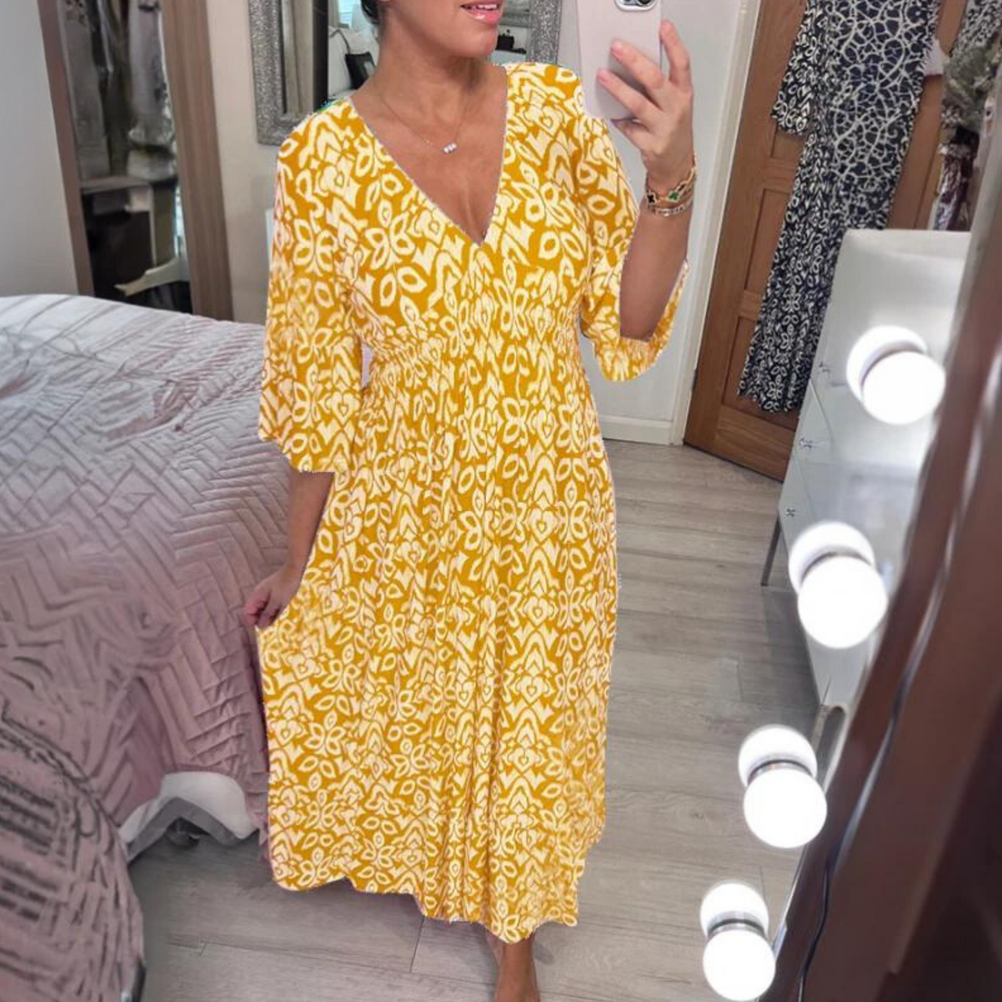 Boho Jurk voor Vrouw V-hals Plooien Zomerjurk