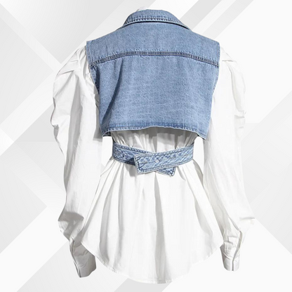 Dames Blouse met Pofmouwen en Blauwe Denim Vest