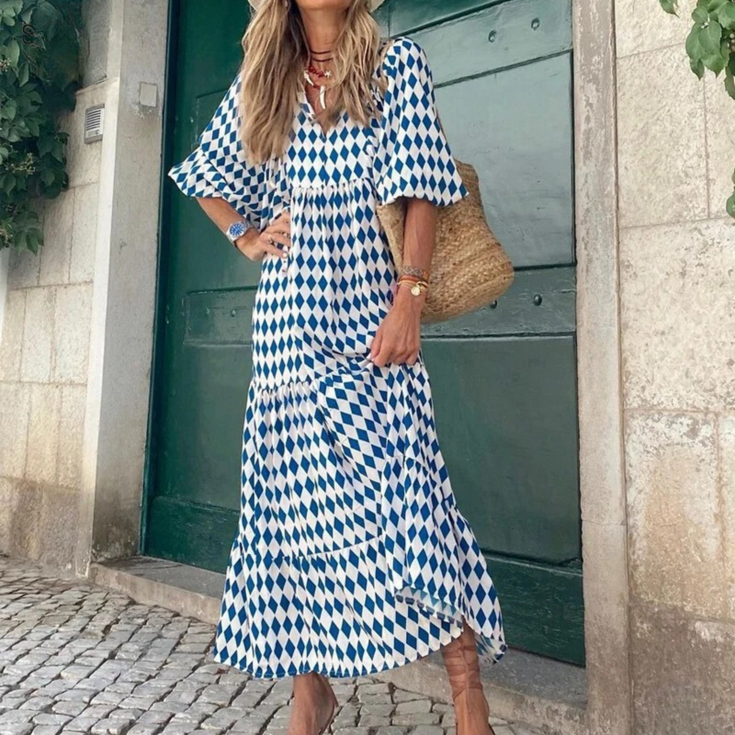 Zomerjurk Geometrische Print Vrouwelijke Jurk Korte Mouw - StudioMarella
