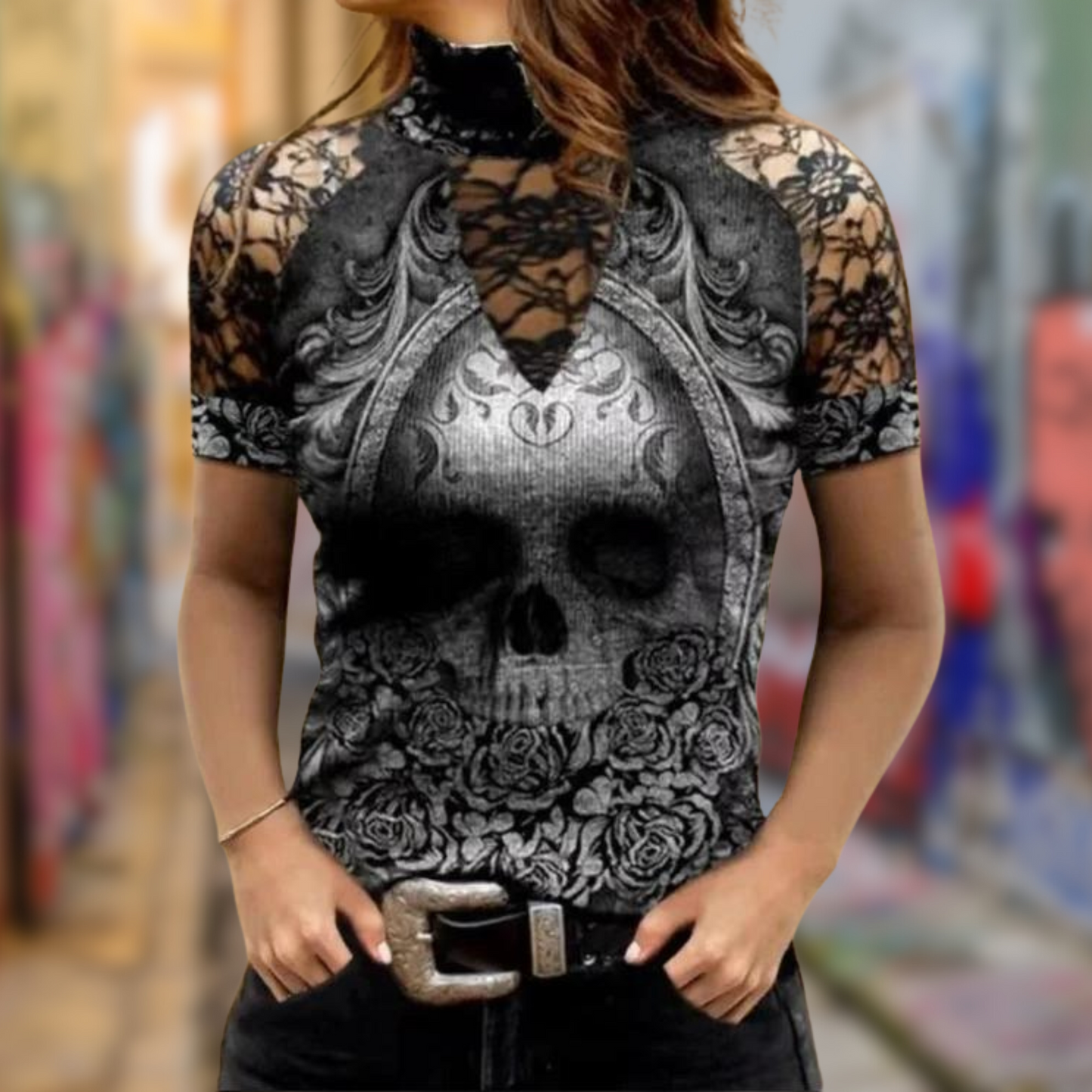 Dames Top met Schedel Print en Ronde Hals - StudioMarella