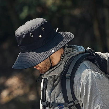 Ademende zonnehoed met brede rand en kinband voor wandelen, vissen, kamperen en outdoor activiteiten