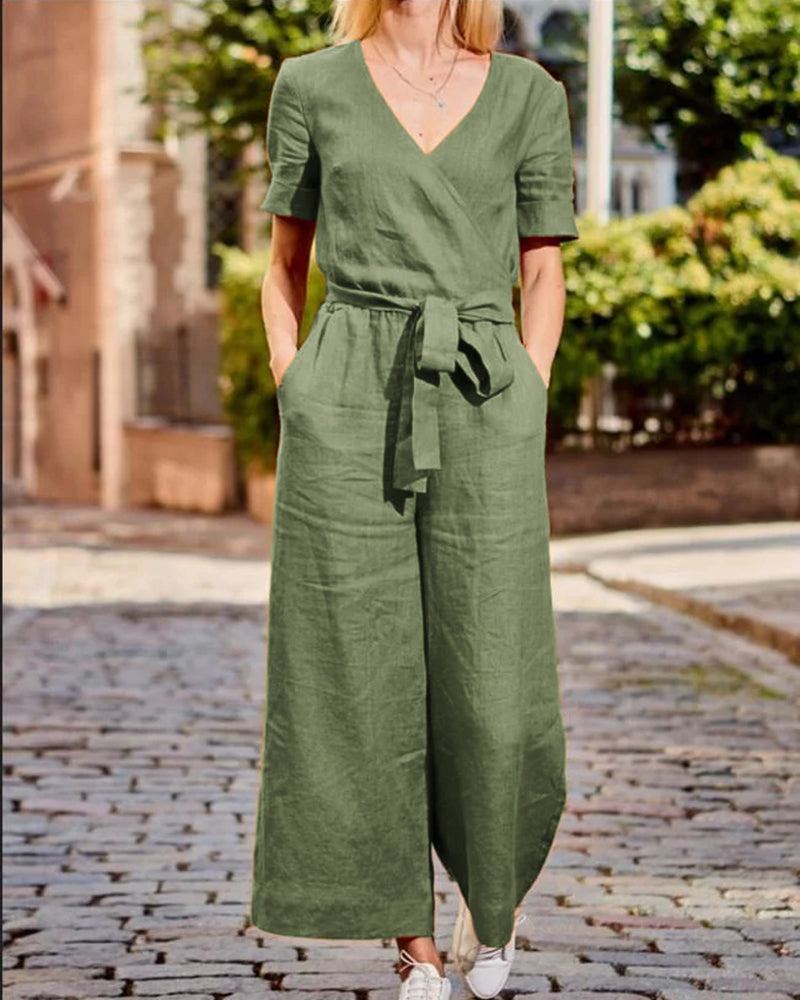 Dames Jumpsuit Korte Mouwen Riem Zomerkleding