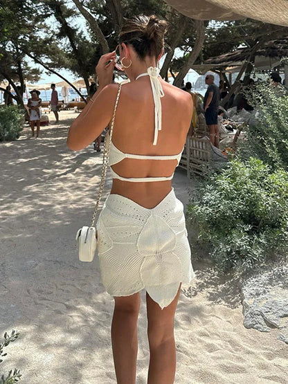 Halter Top en Mini Rok Zomerse Gehaakte Set voor Vrouw