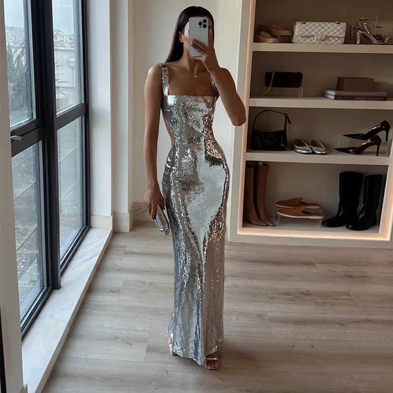 Aurelia Maxi Jurk met Spaghettibandjes Glitter Effect - StudioMarella