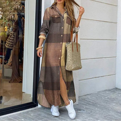 Maxi Jurk Denim Relaxte Pasvorm Met Shirtkraag