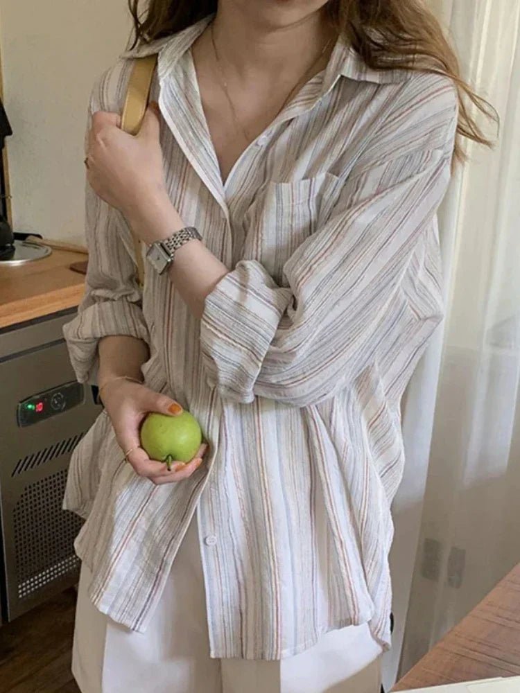 Oversized Shirt Met Lange Mouwen en Streepjes