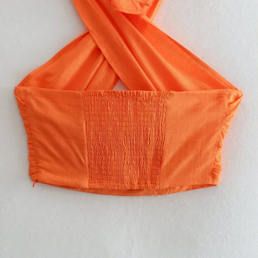 Dames Haltertop Kort Oranje Gekruist Design