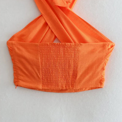Dames Haltertop Kort Oranje Gekruist Design