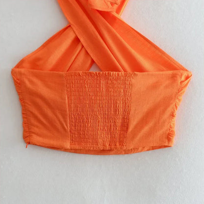 Oranje Haltertop Korte Dames Top Gekruist Design