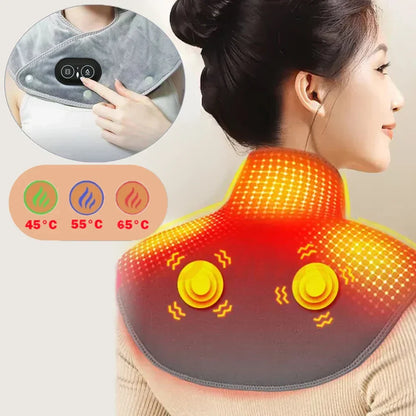Verwarmde Nek- en Schoudermassager met Vibratie USB Warmtekussen Draagbaar Ergonomisch Plüche 3 Temperatuurstanden Timer Grijs voor Thuis Kantoor