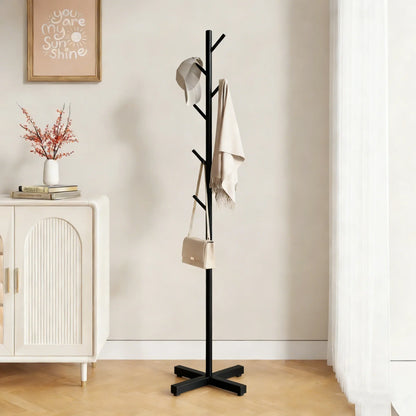 Staande Kapstok Metaal Zwart 167cm 8 Haken Slaapkamer Hal Vloerstaand Kledingrek Antislip Jassen Ophangsysteem Garderobe Standaard