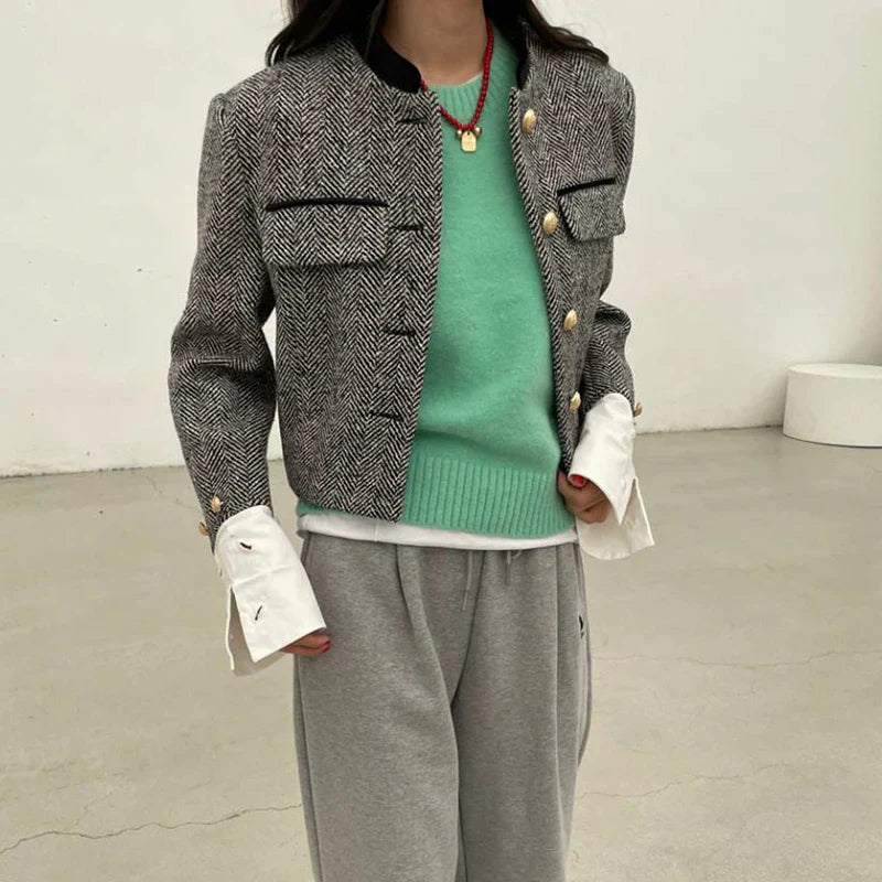 Dame Blazer Geruit Jasje Met Metaal Knopen