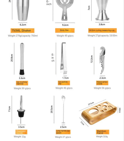Professionele Barset 10-delig Metallic Cocktailshaker met Accessoires voor Thuisbar en Mixology