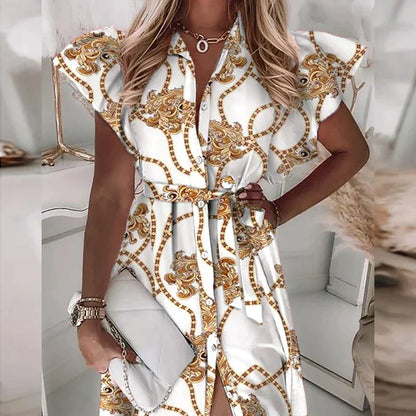 Zomerjurk V-Hals Korte Mouw Jurk met Knoopsluiting Print