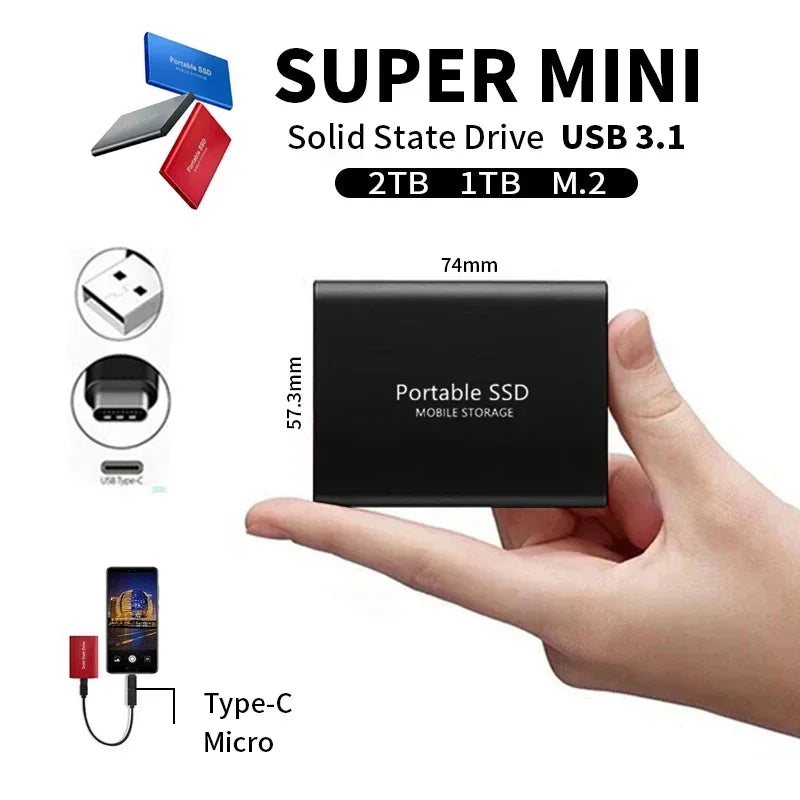 Externe SSD 2TB – Compacte en Snelle Opslag voor Onderweg – Plug & Play Harde Schijf USB 3.1 voor PC en Laptop