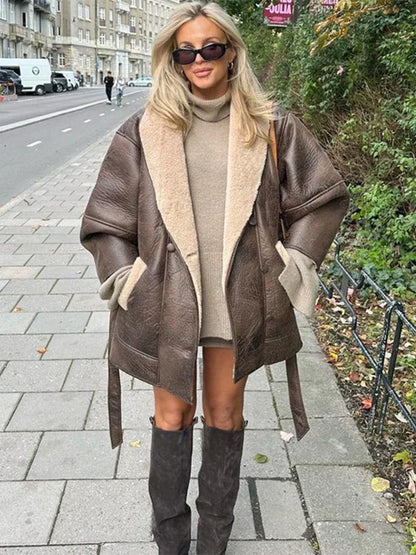 Dames Leren Jas met Bontkraag Warme Winterjas