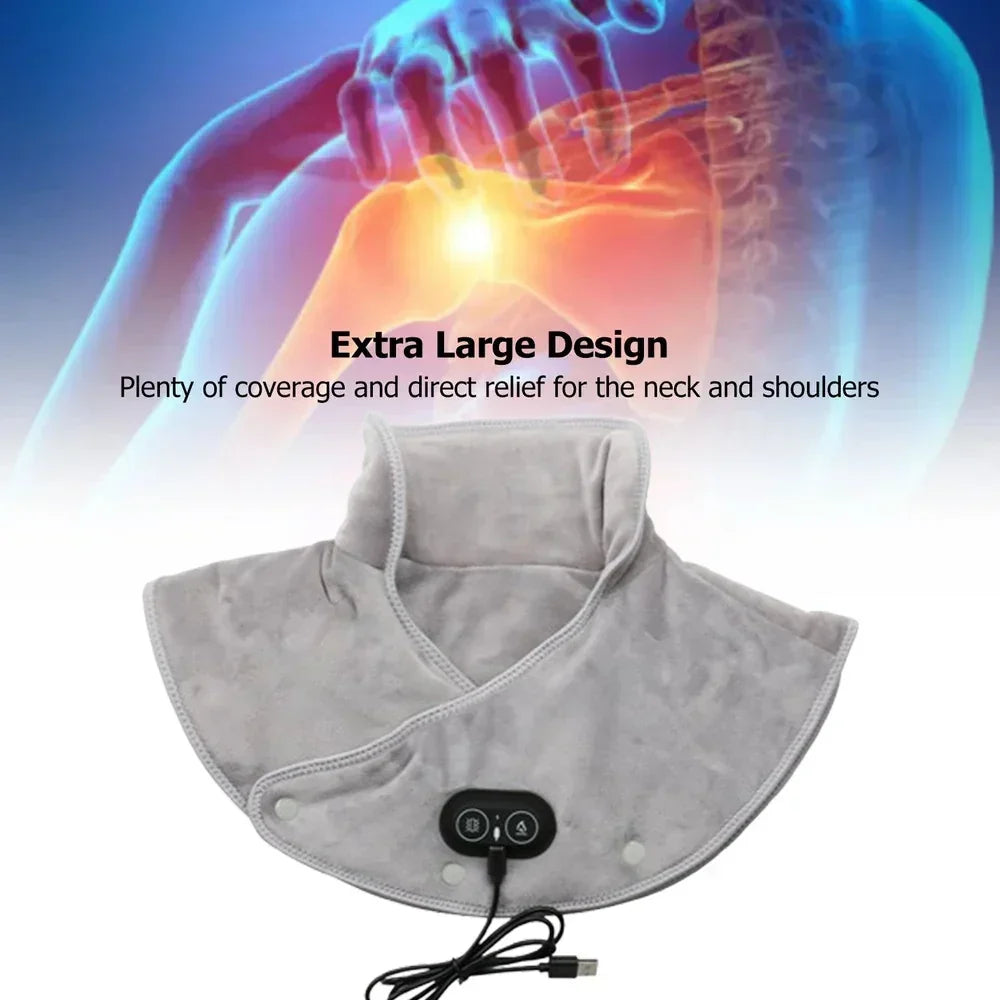 Verwarmde Nek- en Schoudermassager met Vibratie USB Warmtekussen Draagbaar Ergonomisch Plüche 3 Temperatuurstanden Timer Grijs voor Thuis Kantoor