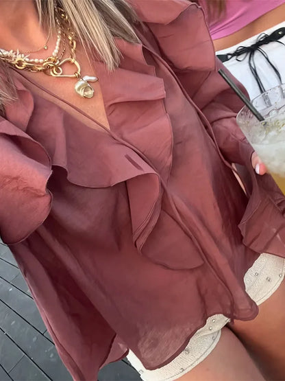 Vrouwelijke Blouse Transparant Bruin Elegante Stijl