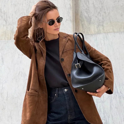 Bruine Suède Herenjasje Elegant Luxury Stijl