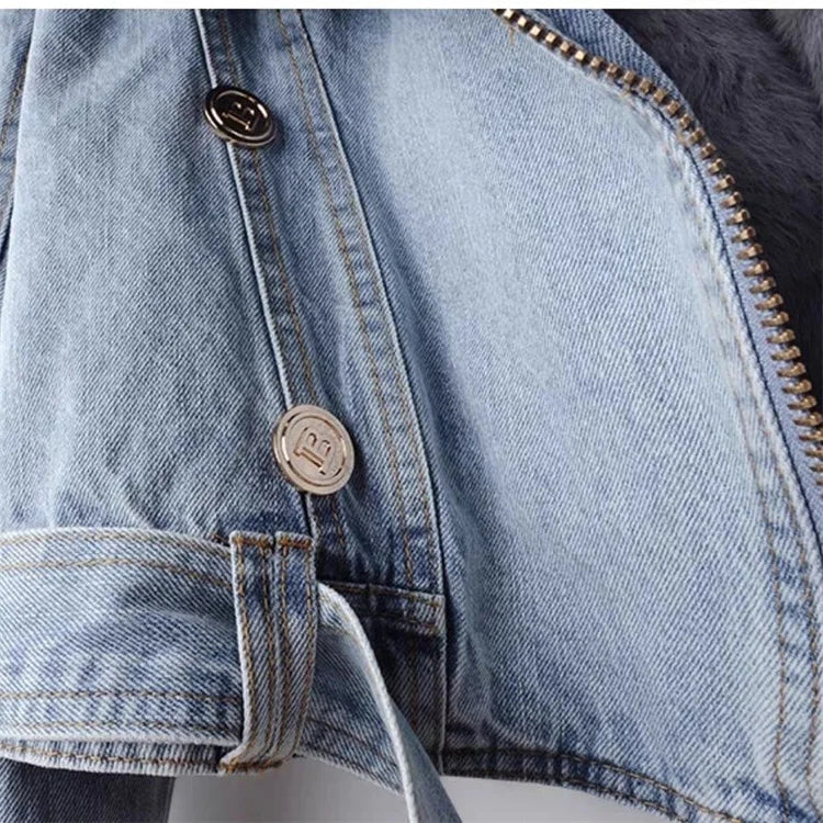 Dames Denim Jas Met Kunstbont Kraag