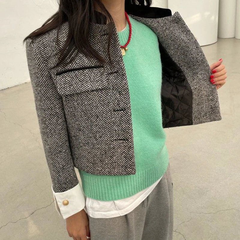 Dame Blazer Geruit Jasje Met Metaal Knopen